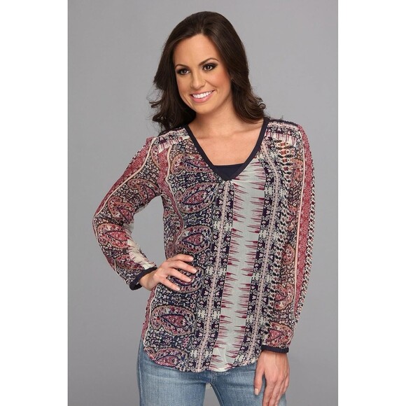 Lucky Brand Womens Concord Paisley Boho Gypsy Sheer V Neck Blouse Sz S ? - Picture 1 of 8